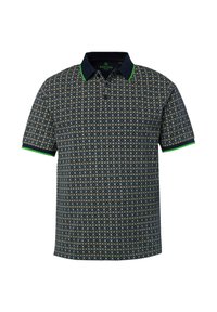 Polo pour homme en bleu marine avec un motif géométrique en crème et jaune. Présente des accents verts sur le col et les manches. Matériau en coton.