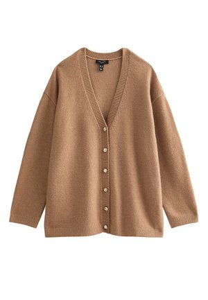 Cardigan surdimensionné en maille marron avec col en V et six boutons dorés sur le devant, manches longues, bords-côtes aux poignets et à l'ourlet.