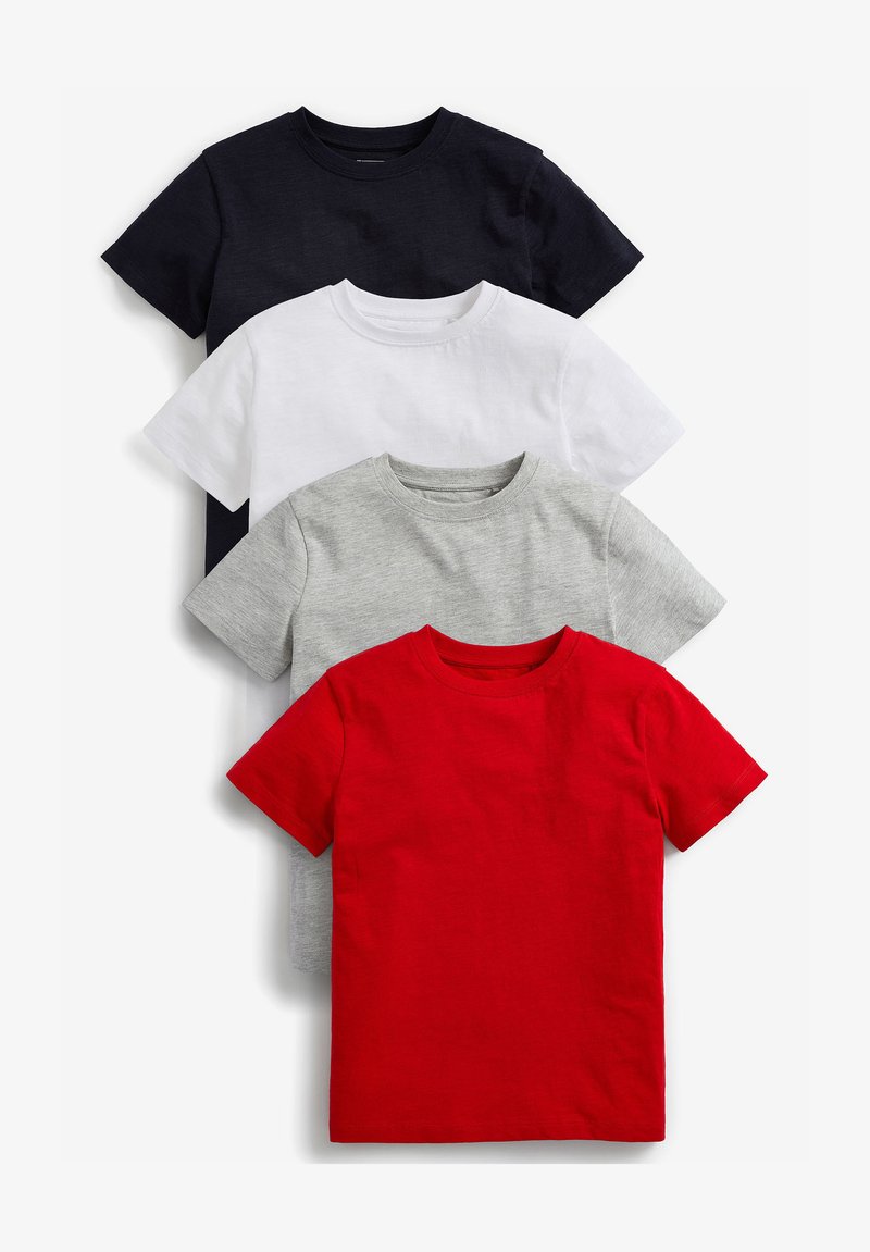 Vier kurzärmlige T-Shirts in Navy, Weiß, Grau und Rot. Jedes hat einen runden Halsausschnitt und eine glatte, baumwollene Textur.