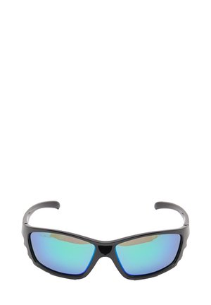 Schwarze Sportsonnenbrille mit einem wraparound Design, blau-grün verspiegeltem Glas und strukturierten seitlichen Akzenten. Leicht und aerodynamisch.