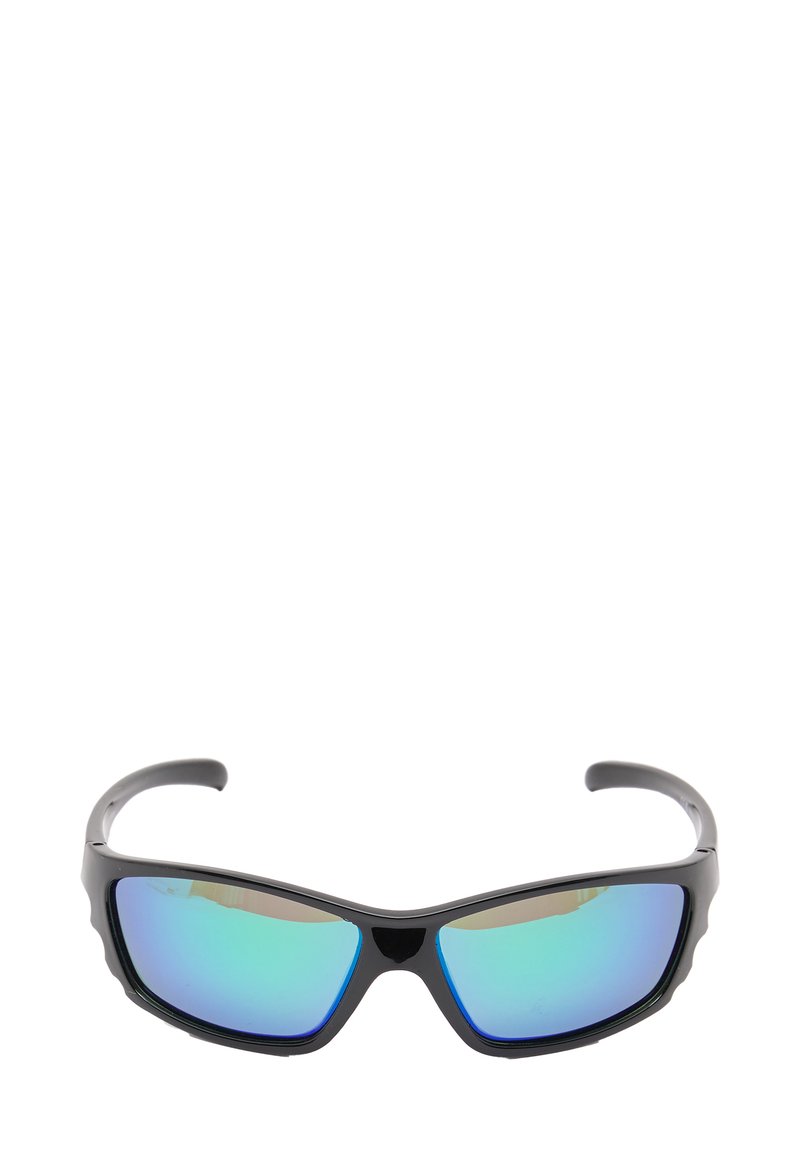 Czarne sportowe okulary przeciwsłoneczne z konstrukcją w stylu wraparound, niebiesko-zielonymi lustrzanymi soczewkami i teksturowanymi akcentami po bokach. Lekka i aerodynamiczna forma.