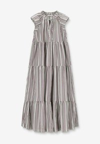 Robe maxi avec un design à volants, faite d'un tissu léger. Présente des manches courtes, des rayures verticales en vert, violet et blanc, et une taille froncée.