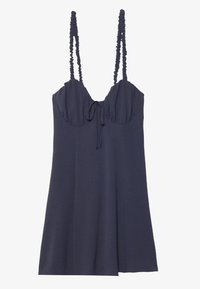 Robe marine foncé avec des bretelles froncées et un buste drapé. Présente un nœud à l'avant et une silhouette fluide. Fabriquée en tissu léger.