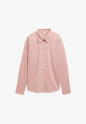 Cămașă roz deschis, cu mânecă lungă, cu nasturi, guler și un model texturat cu buline. Fabricată dintr-un material moale, cu mâneci structurate.