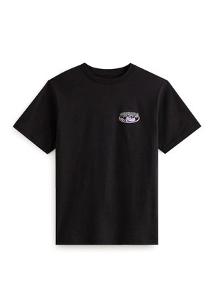 Black short-sleeve T-shirt with small purple cartoon snake wrapped around a gray maze design on the left chest area.
