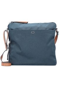 Borsa a tracolla in tessuto blu navy con chiusura a zip, dettagli in pelle, logo sul davanti e tracolla regolabile.