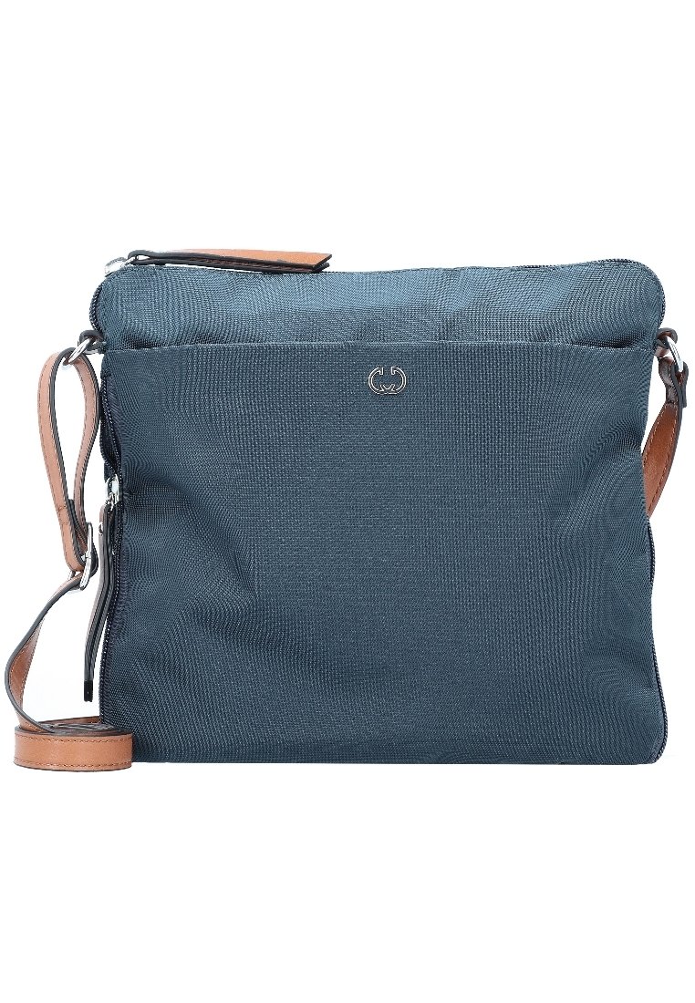 Borsa a tracolla in tessuto blu navy con chiusura a zip, dettagli in pelle, logo sul davanti e tracolla regolabile.
