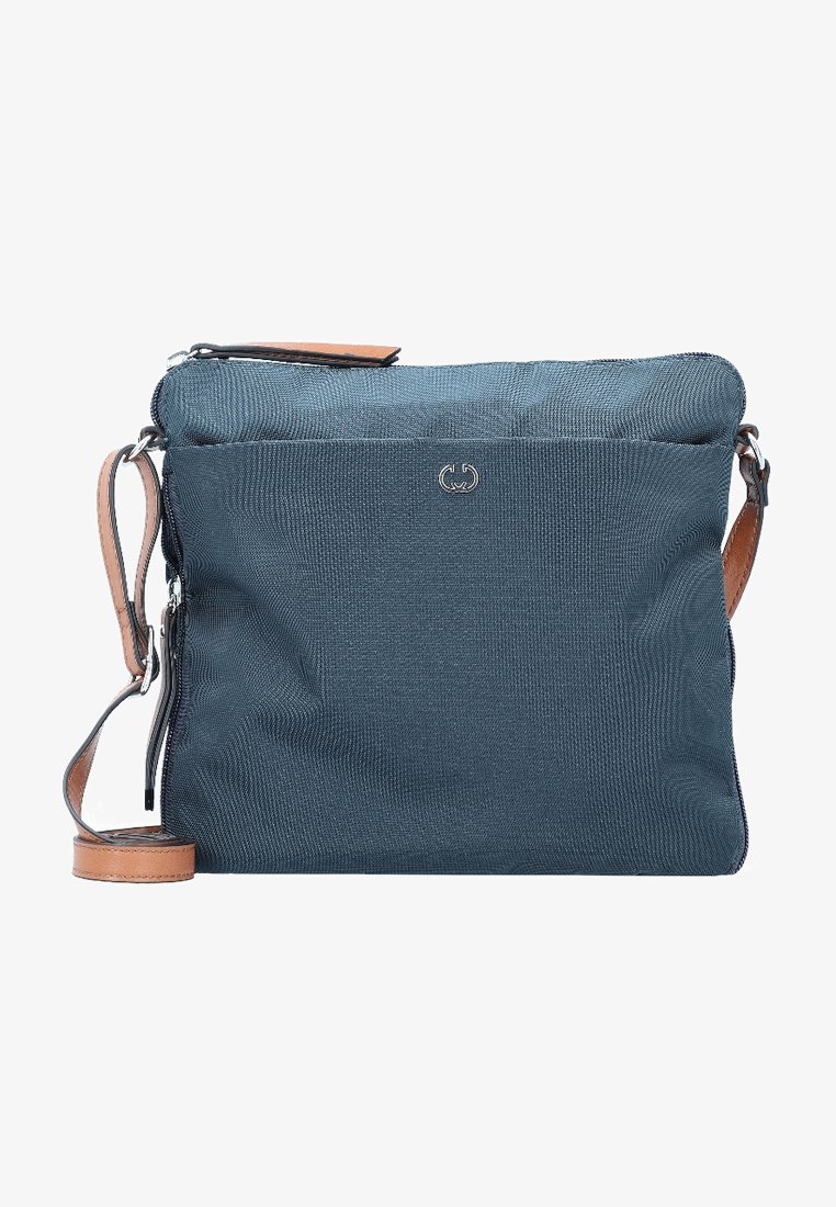 Marineblå stof crossover taske med lynlåslukning, læderdetaljer, logo på forsiden og justerbar skulderrem.