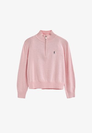 Hellrosa Pullover mit halbzipper Kragen, gerippten Bündchen und Saum. Mit kleinem schwarzem Logo auf der linken Brust. Weiche Textur.