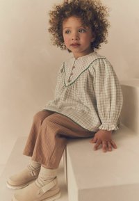 Ljus rutigt blus med grön kant, bruna randiga byxor, beige skor och ljusa strumpor. Mjuk textur, långa puffärmar och knappar.