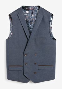 Niebieska kamizelka bez rękawów z teksturowanej tkaniny, zapięciem na dwa rzędy guzików w kolorze brązowym oraz wzorzystą podszewką z motywem rowerów i znaczków.