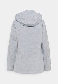 Veste à capuche gris clair vue de dos avec des manches longues et un ourlet droit.