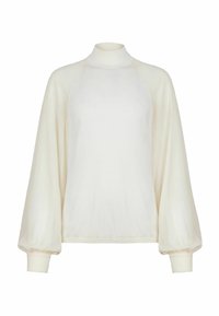 Pullover color crema con colletto alto, maniche raglan e polsini elasticizzati. Il tessuto sembra morbido con una superficie liscia e un design minimale.