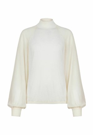 Cremfarbener Pullover mit hohem Kragen, Raglanärmeln und elastischen Bündchen. Der Stoff wirkt weich mit einer glatten Textur und minimalistischem Design.