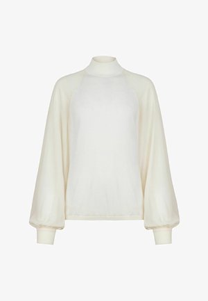 Cremfarbener Pullover mit hohem Kragen, Raglanärmeln und elastischen Bündchen. Der Stoff wirkt weich mit einer glatten Textur und minimalistischem Design.