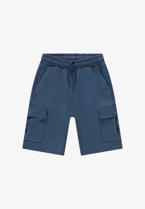 Marineblauwe cargoshorts van zachte stof, met een elastische tailleband, trekkoord, zijzakken en twee klepzakken aan de zijkanten.