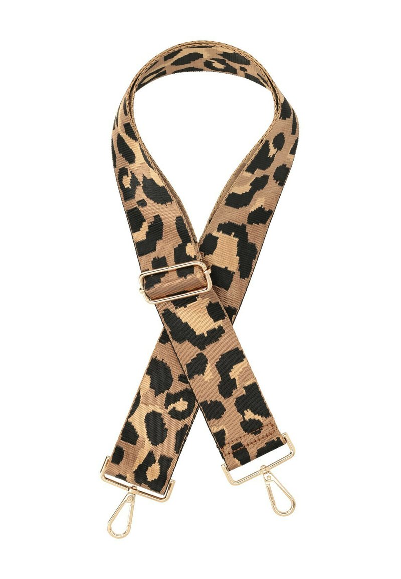 Cinturino con stampa leopardata in un motivo beige e nero, dotato di attacchi e accessori in tonalità oro, realizzato in tessuto resistente.