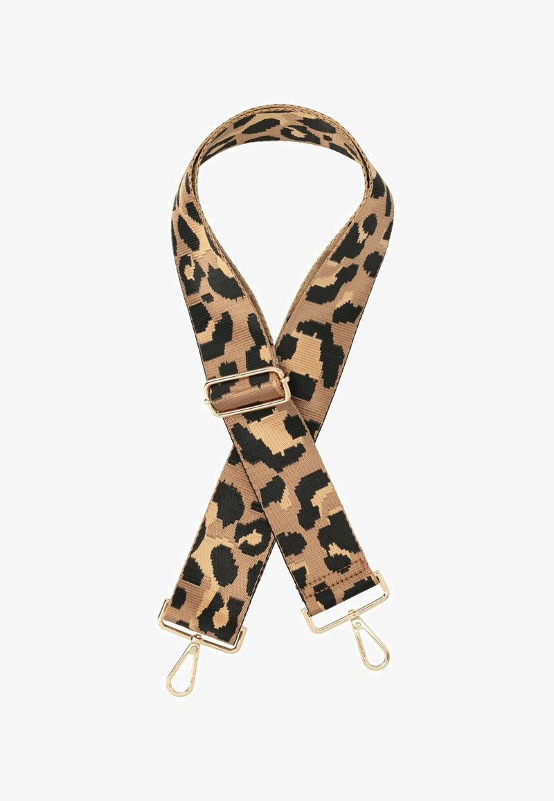 Cinturino con stampa leopardata in un motivo beige e nero, dotato di attacchi e accessori in tonalità oro, realizzato in tessuto resistente.
