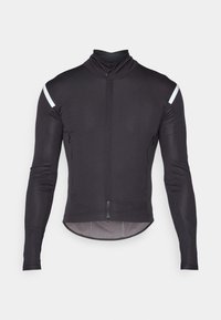Veste de cyclisme noire à manches longues avec un col montant, fermeture éclair et accents réfléchissants blancs sur les épaules. Tissu lisse et extensible.