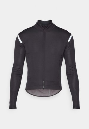 Schwarze, langärmelige Radjacke mit hohem Kragen, Reißverschluss und reflektierenden weißen Akzenten auf den Schultern. Glattes, elastisches Gewebe.