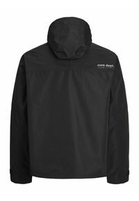 Black hooded jacket with a long, straight cut. Features a simple design, smooth texture, and a logo on the upper back.