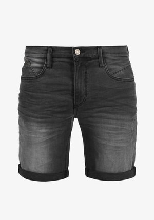 Dunkelgraue Denim-Shorts mit einem verwaschenen Finish, umgeschlagenen Säumen, Fünf-Taschen-Design und silberner Knopf-Beschlägen an der Taille.