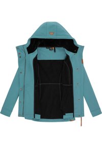 Teal veekindel jakk kapuutsiga, millel on must fliisvooder, mitmed sise-taskud ja vasktoonilised nuppude sulgurid.