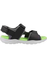 Sandalia negra y gris con correas ajustables, que presenta una plantilla verde y una suela de goma blanca. Ligera, con parte superior perforada.