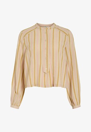 Lichtroze cropped blouse met verticale strepen in geel en zachtroze, voorzien van een ronde kraag, knoopsluiting en lange pofmouwen.