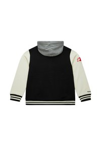Kapuzenpullover mit schwarzem Körper, cremefarbenen Ärmeln und grauer Kapuze. Verfügt über gestreifte Bündchen und ein rotes Logo-Detail am Ärmel.