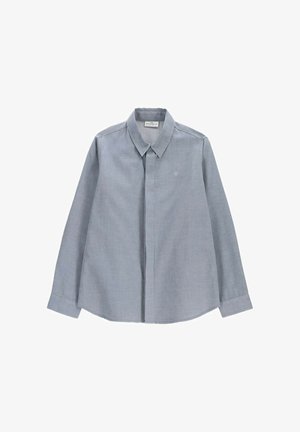 Jasnoniebieska koszula z długim rękawem, kołnierzykiem, ukrytym zapięciem na guziki oraz małym haftowanym logo na lewej piersi.