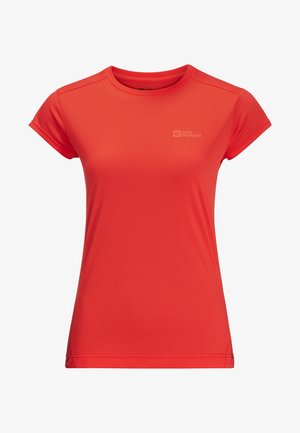 Maglietta atletica rossa a maniche corte realizzata in materiale traspirante, con scollo a girocollo e piccolo logo sul petto. Tessuto liscio.