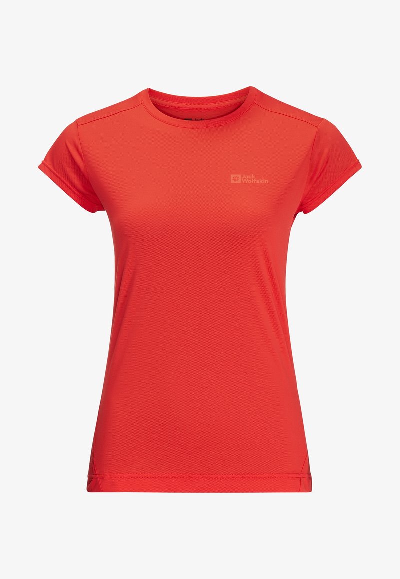Camiseta deportiva roja de manga corta hecha de material transpirable, con cuello redondo y un pequeño logo en el pecho. Textura suave.