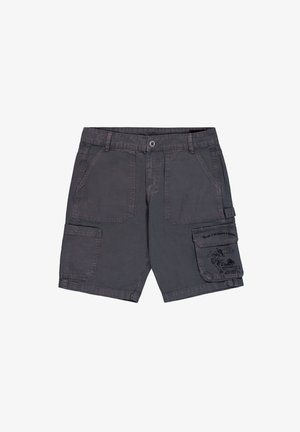 Pantalones cortos cargo grises de mezcla de algodón, con múltiples bolsillos, cierre de botón y costuras decorativas en el bolsillo izquierdo.