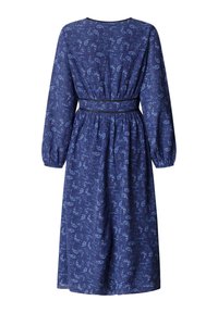 Mėlynos spalvos su gėlėmis margintas suknelė su ilgomis rankovėmis, elastine juosmens dalimi ir vidutinio ilgio hemu. Tekstūruota medžiaga su raukinių dizainu.