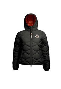 Giacca nera imbottita con cappuccio, caratterizzata da un design trapuntato, foderata in arancione, con due tasche laterali e un logo sul petto. Chiusura con zip.