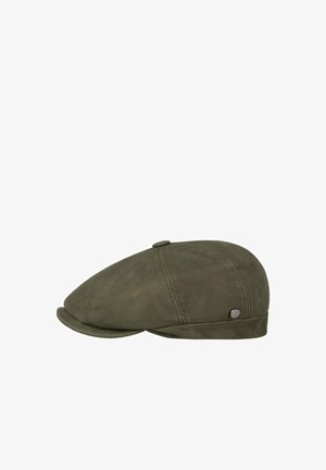 Olive green flat cap with visible stitching, button on top, small metal rivet on side, and short rounded brim.