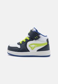High-top sneaker with a navy and white synthetic upper, lime green accents, and a Velcro strap. Features rounded toe and textured sole.