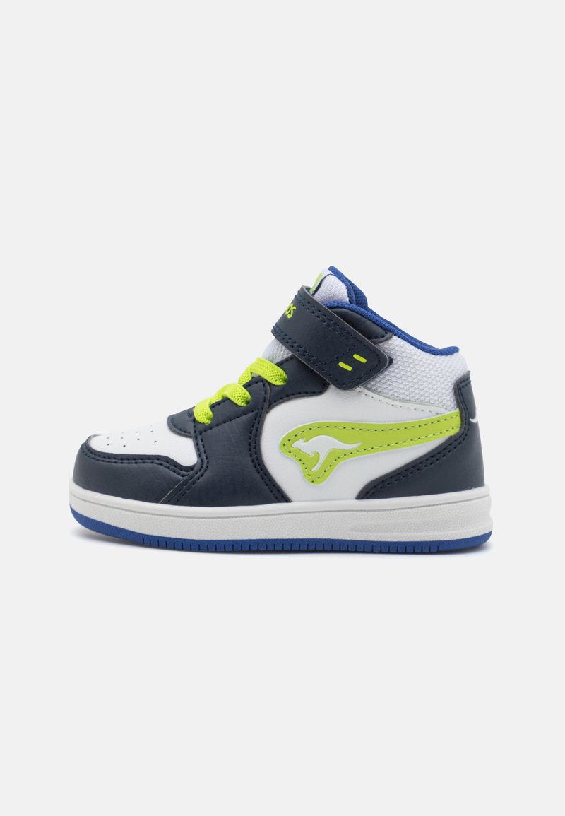 High-top sneaker with a navy and white synthetic upper, lime green accents, and a Velcro strap. Features rounded toe and textured sole.