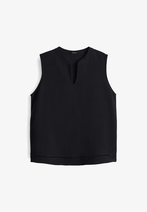 Ärmelloses schwarzes Oberteil mit rundem Halsausschnitt und einem kleinen Schlitz vorne. Hergestellt aus weichem Stoff, mit dezenten Nähten am Saum.