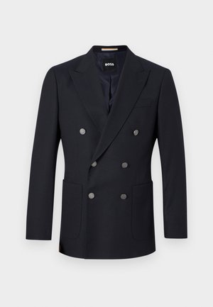 Veste noire croisée à six boutons argentés, revers crantés, deux poches plaquées à l'avant, et une étiquette BOSS à l'intérieur du col.