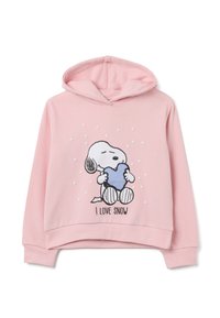 Felpa rosa realizzata in morbido tessuto, con un'illustrazione di un cane che tiene un cuore blu, con punti bianchi e il testo "TI AMO LA NEVE" sottostante.