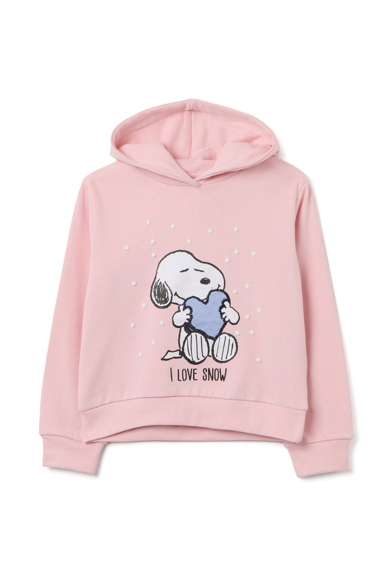 Felpa rosa realizzata in morbido tessuto, con un'illustrazione di un cane che tiene un cuore blu, con punti bianchi e il testo "TI AMO LA NEVE" sottostante.