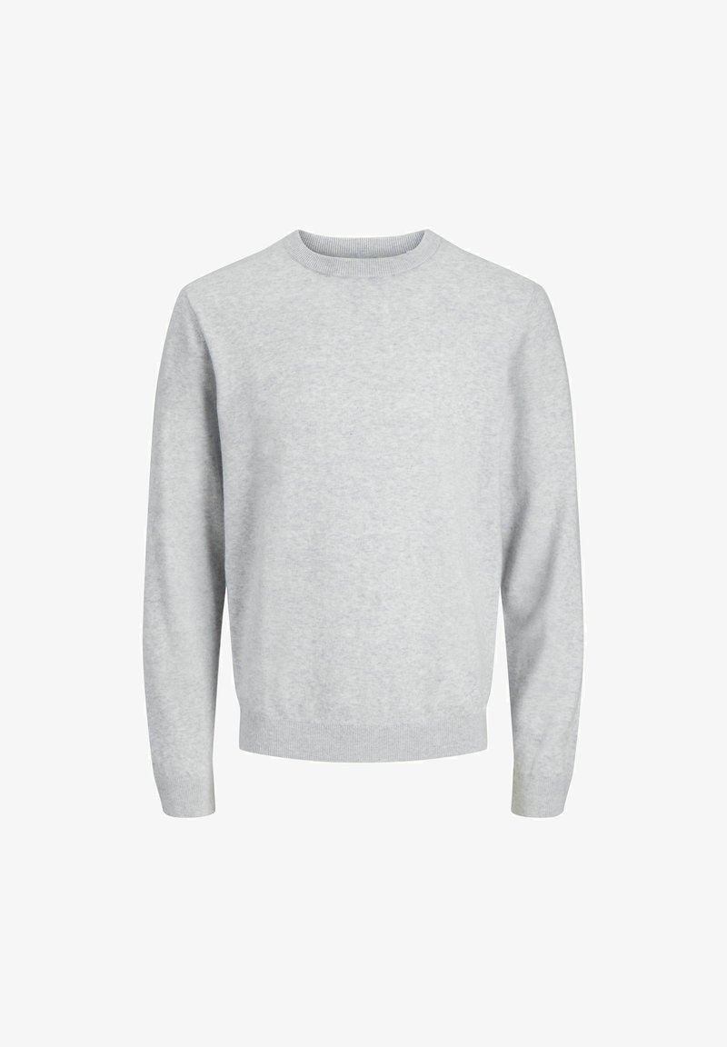 Pull gris clair à col rond avec manches longues et poignets et ourlet côtelés, présenté sur fond blanc.