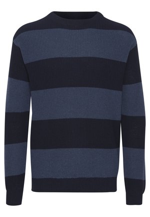 Navy und blauer gestreifter Pullover mit gerippter Textur, Rundhalsausschnitt und langen Ärmeln. Enthält horizontale Streifen in unterschiedlichen Breiten.