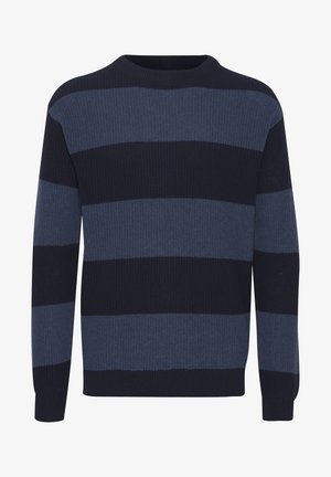 Navy and blue striped sweater with a ribbed texture, round neck, and long sleeves. Features horizontal stripes of varying widths.