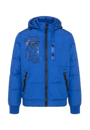 Blau puff jacket mit Kapuze, mit einem Reißverschluss vorne, zwei Seitentaschen und gedruckten Textdetails auf der Brust. Weiche, gesteppten Textur.