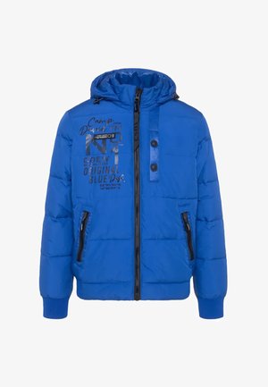 Blue puffer jacket with a hood, featuring a zip front, two side pockets, and printed text details on the chest. Soft, quilted texture.