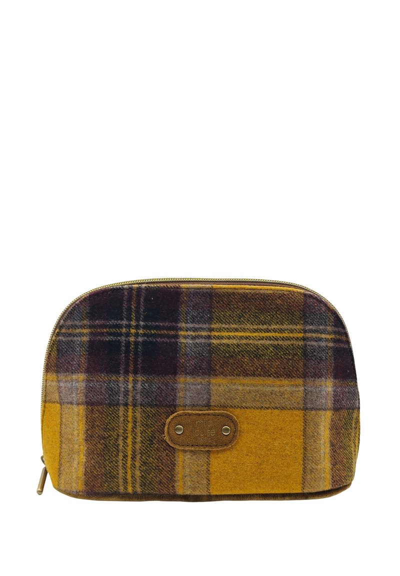 Trousse de maquillage à carreaux dans des tons jaunes, marron et violets. Fabriquée en feutre avec une fermeture éclair et un accent en cuir marron avec un logo de marque embossé.