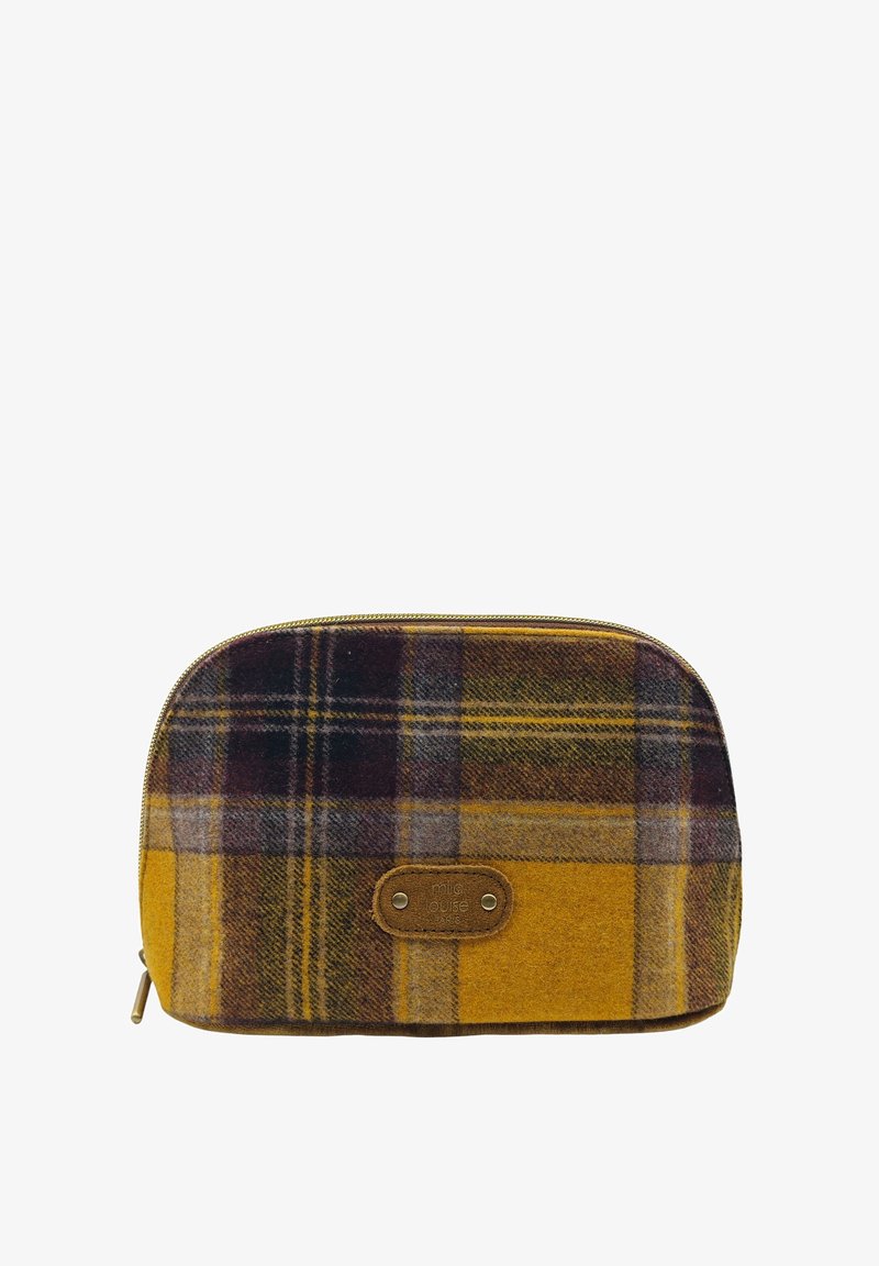 Trousse de maquillage à carreaux dans des tons jaunes, marron et violets. Fabriquée en feutre avec une fermeture éclair et un accent en cuir marron avec un logo de marque embossé.